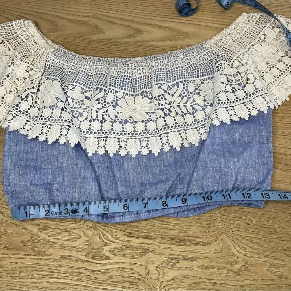 Miguelina Dakota Chambray Lace Crochet Off The Shoulder Crop Top Blue Size Small - Picture 6 of 8